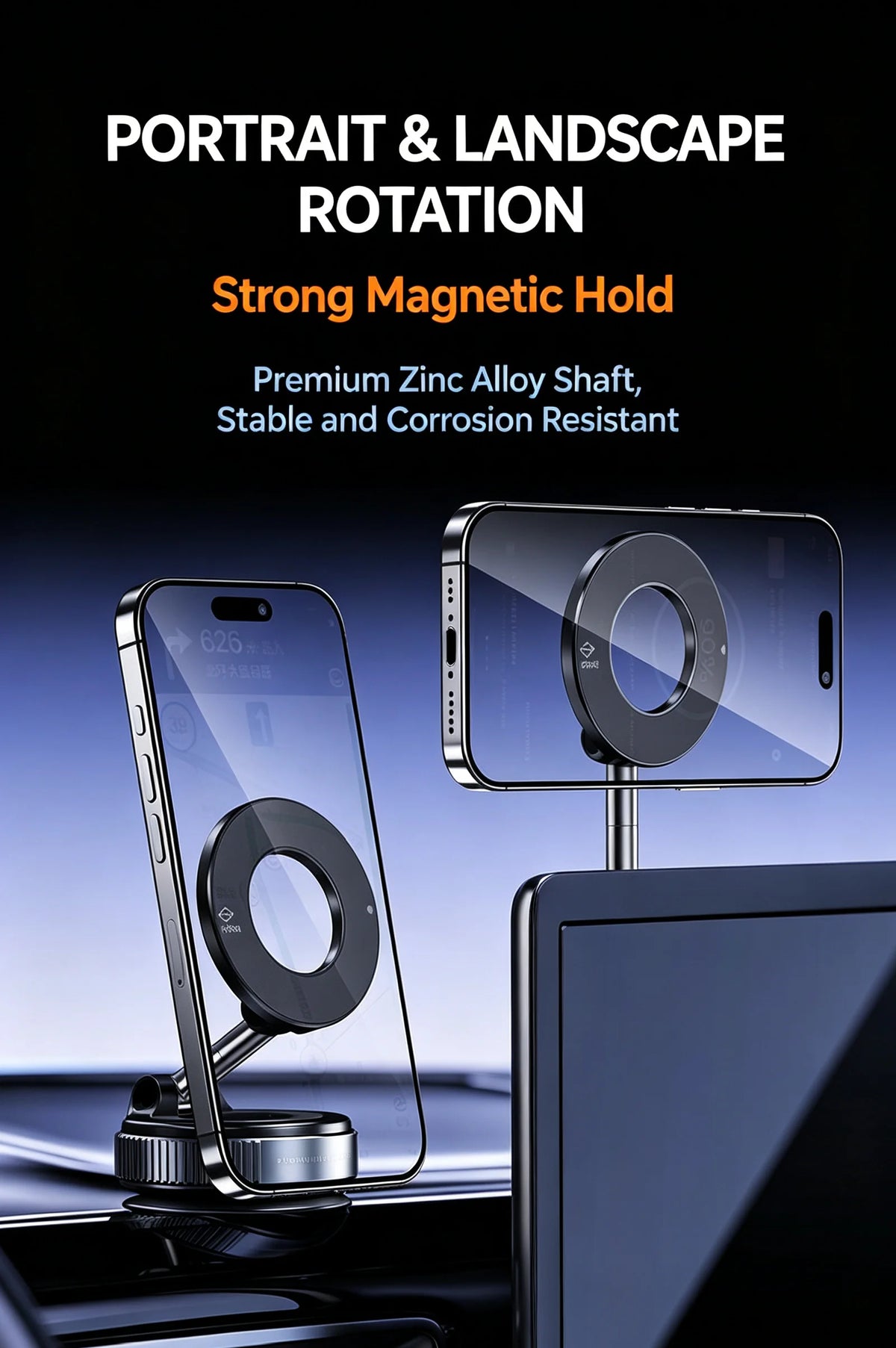 Magnetic Car Phone Holder With Anti Shake Suction Cup Mount