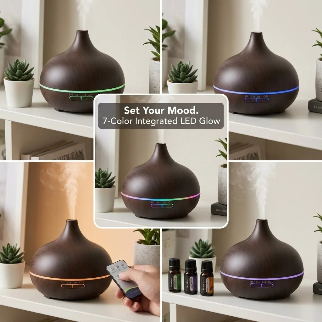 550ml sonic cooling mist humidifier with essential oil diffuser and smart sensor, automatic mode, suitable for bedrooms and offices, quiet operation, long battery life, easy top filling, 360° nozzle, night light, and pre-fil