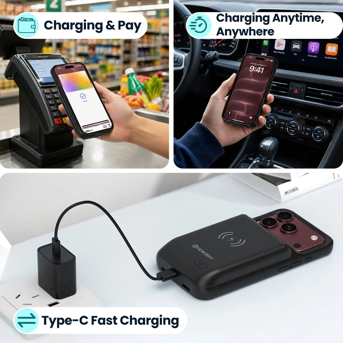 NEWDERY 10000mAh Battery Case For iPhone 17 Pro 18 Pro Max Wireless Charging Charger Case 20W Fast Recharging Power Bank Cover
