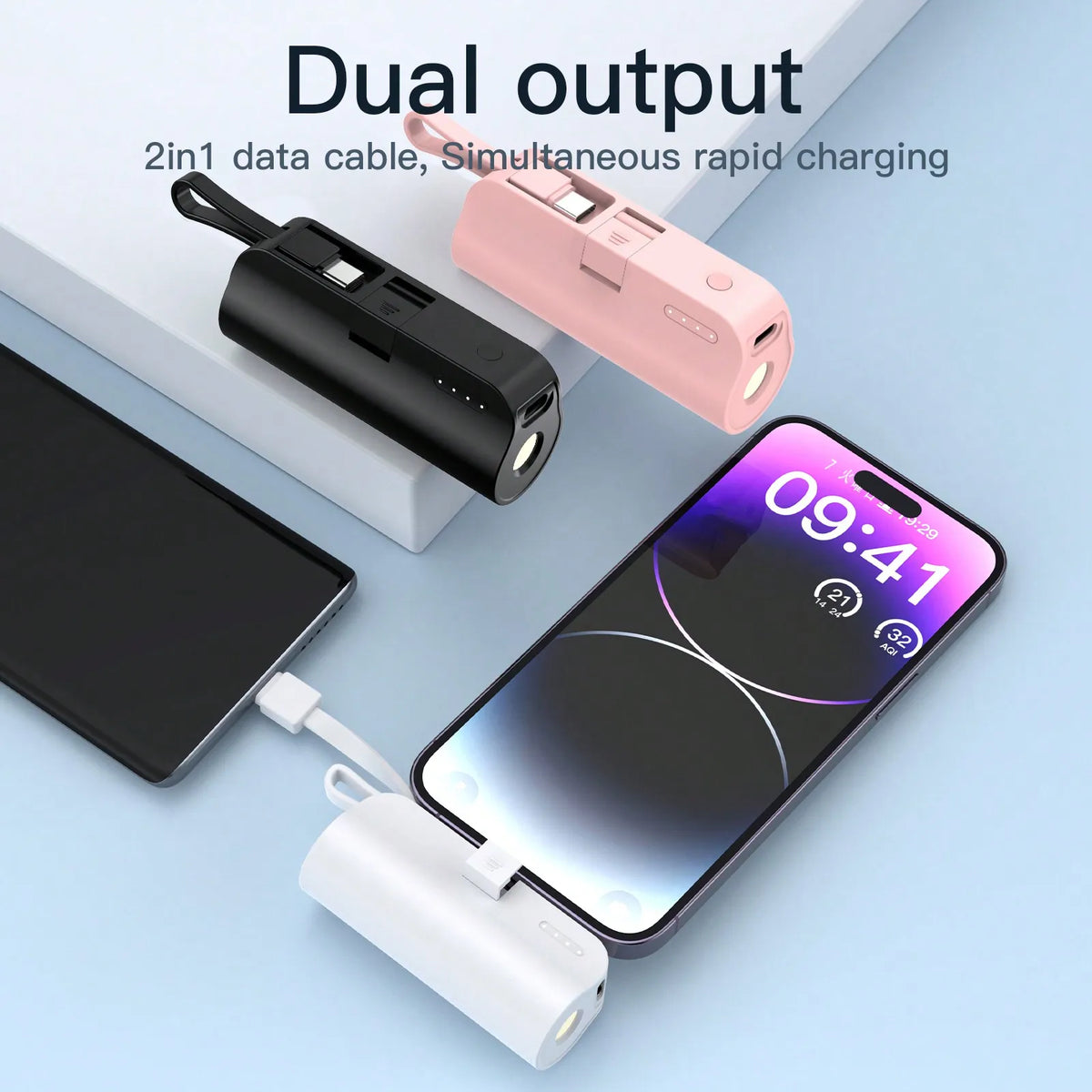 Mini Portable Mobile Phone Charger 5000mAh Power Bank, Built-In Type-C USB C Block Interface Charging, Output 5V/2A, Built-In LED Light,