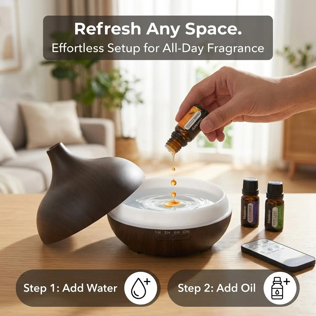 550ml sonic cooling mist humidifier with essential oil diffuser and smart sensor, automatic mode, suitable for bedrooms and offices, quiet operation, long battery life, easy top filling, 360° nozzle, night light, and pre-fil