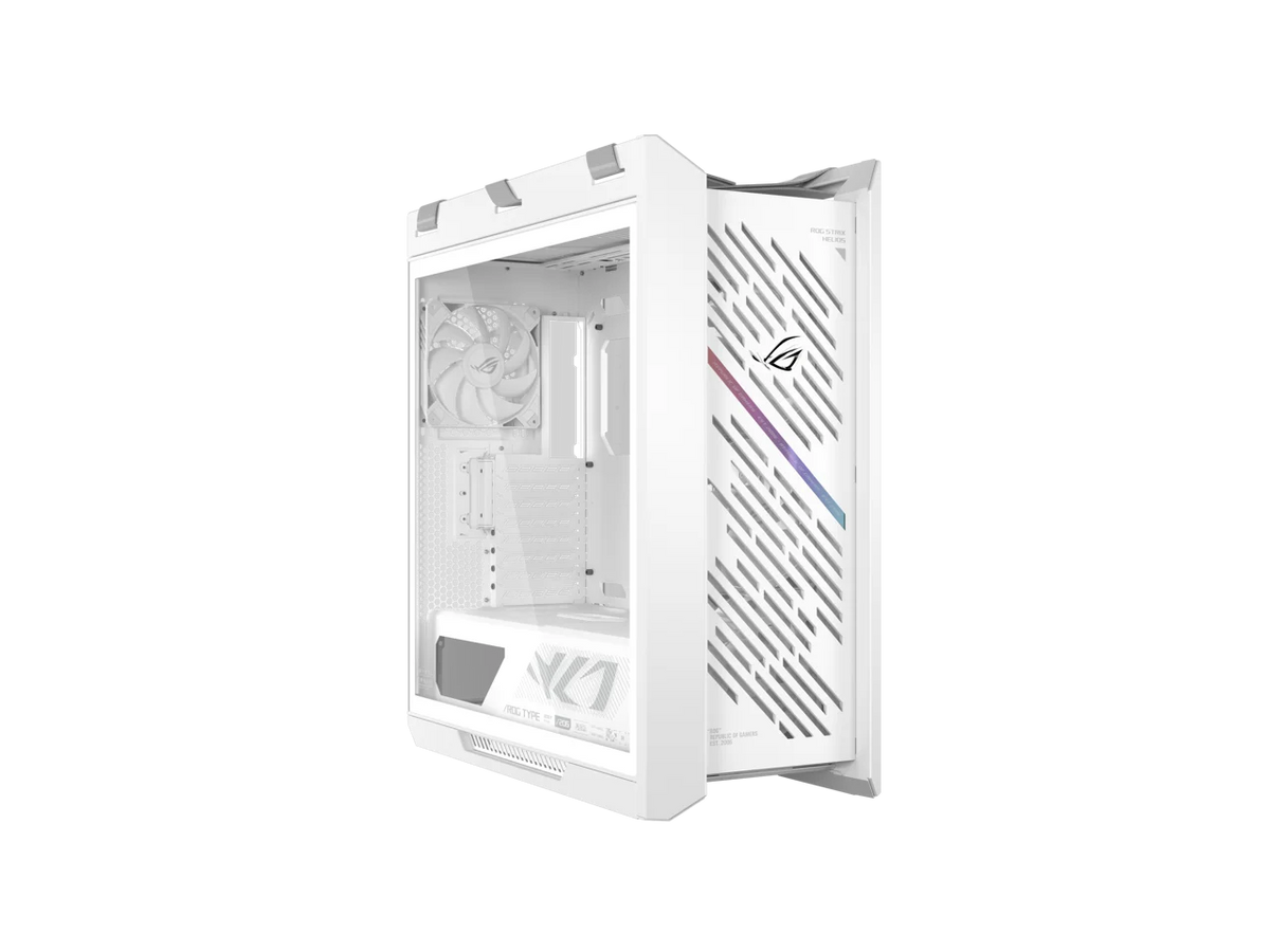 The ASUS ROG Strix Helios II White Edition is an EATX mid-tower gaming PC case featuring dual tempered glass panels and an aluminum diamond-grille design, four pre-installed fans for advanced cooling,