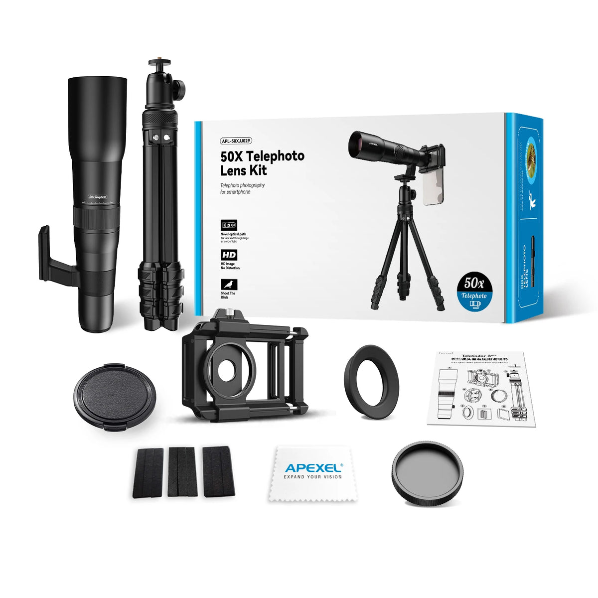 APEXEL HD 50X HD Ultra Telephoto Lens for iPhone and Most Smartphone, with Tripod & Universal Phone Clip, Suitable for Indoor and Outdoor Shooting and Watch Concert, Moon Viewing