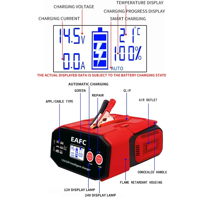 400W High Power Car Truck Smart Battery Charger 12/24V Automatic Identification Digital Display Battery Charging