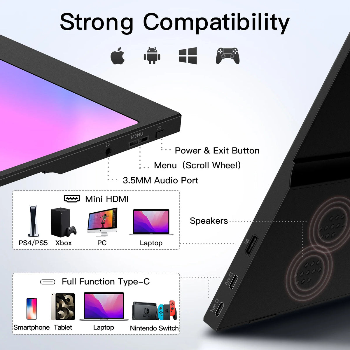WUAWE Portable USB C HDMI Full HD HDR Monitor Display