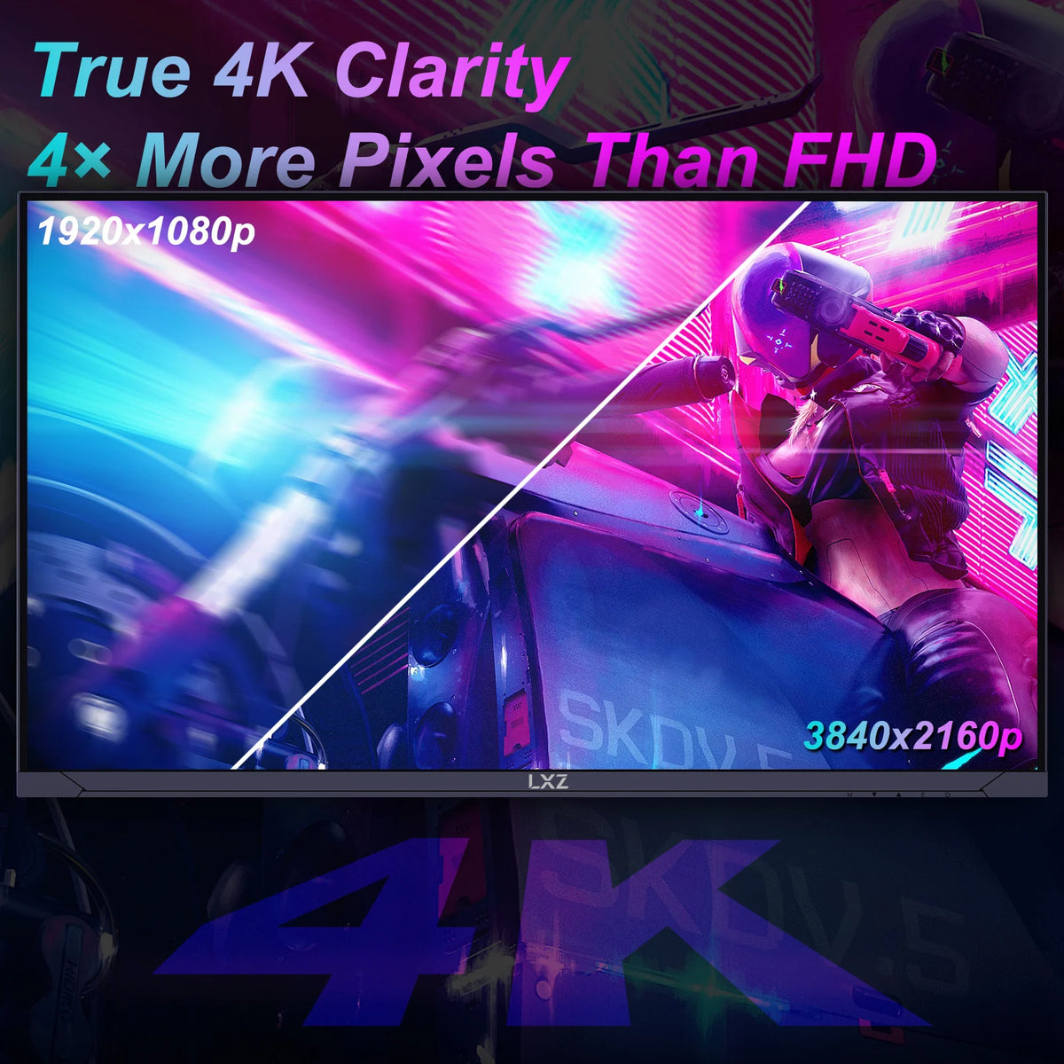 LXZ 27 Inch Gaming Monitor, 144Hz UHD 4K 3840x2160P PC Screen, True 4K Clarity, 4x More Pixels Than FHD Computer Screen with FreeSync, Support Wallmount 75x75mm, Gift, Christmas Gift, for Gamers, Esports Display, Modern Displ
