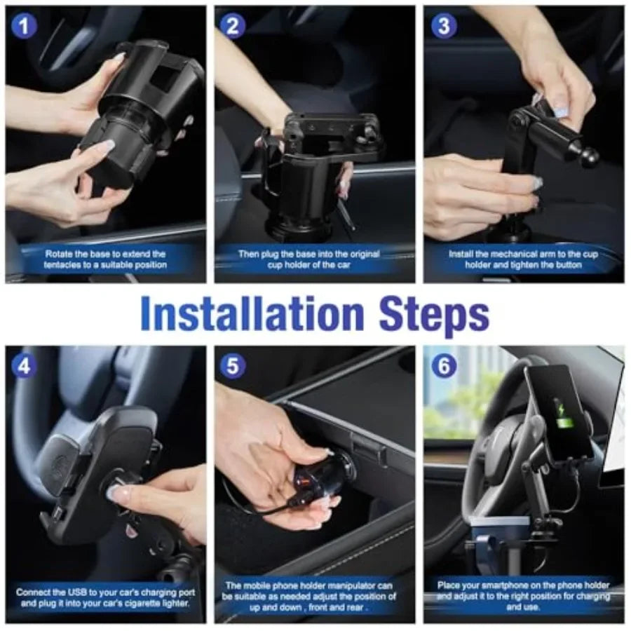 Cup Holder Phone Charger 15W Fast Charging Auto Clamping with Adjustable Base and 360 Rotation for All Smartphones in Car Cup H