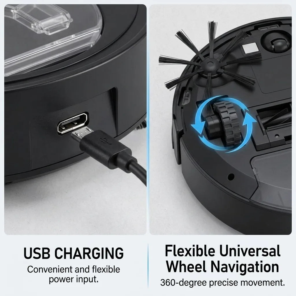 Robot Vacuum Cleaner, 3-in-1 Sweeping Mopping Suction, 7.1cm Ultra-Thin Automatic Smart Floor Cleaner, USB Rechargeable, Low Noise, Dual Side Brushes for Pet Hair, Hardwood Floors and Home Office