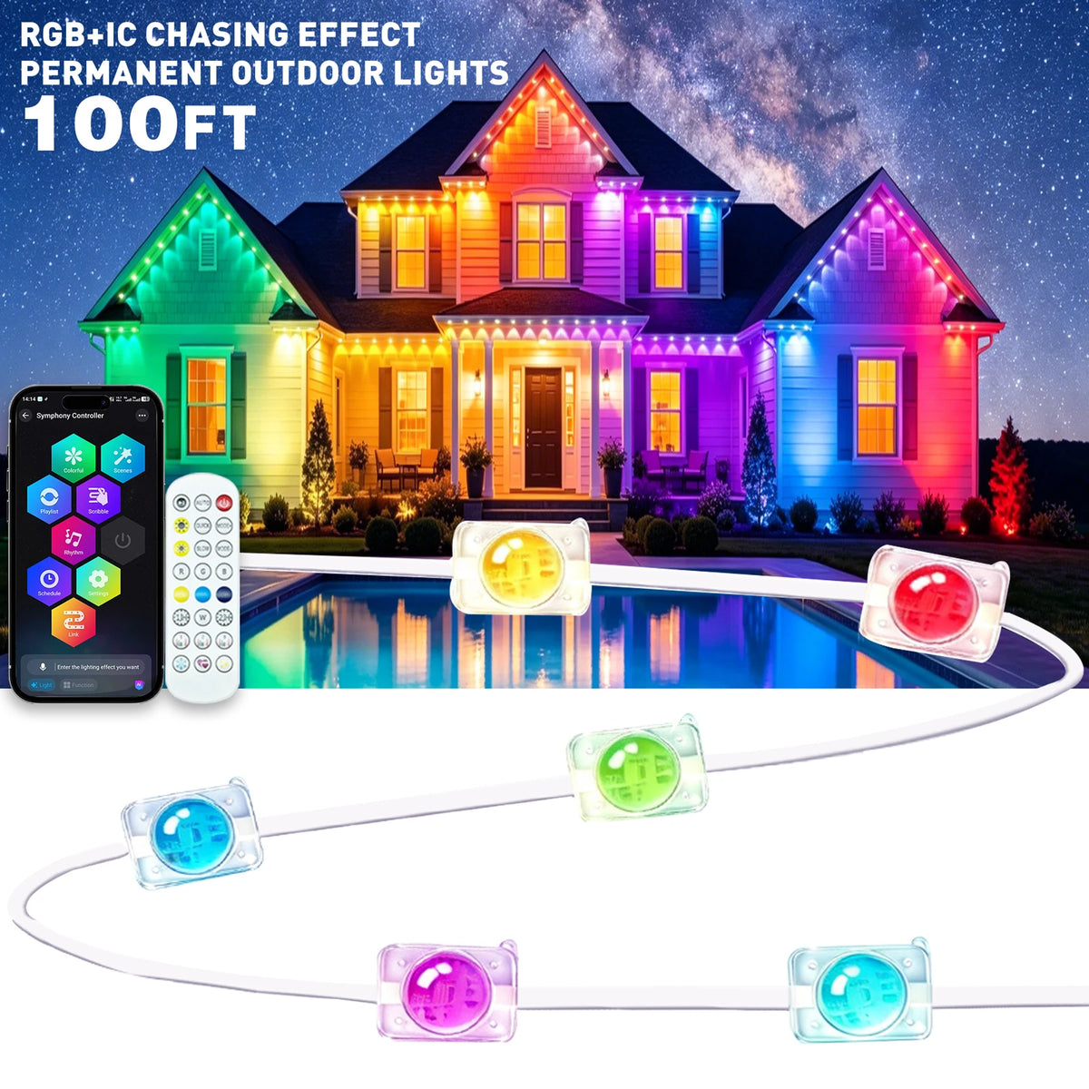 100FT Permanent RGB+IC Eave Lights, IP67 Waterproof Color Changing LED House Eave Lighting, Smart APP & Remote Control Music Sync Outdoor LED Roof Lights, Timable DIY Scene Lights for Holiday, Patio,