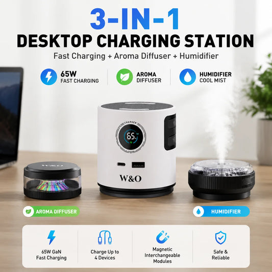 2026 New 3-in-1 65W GaN Fast Charging Station with Aromatherapy Diffuser & Humidifier, Retractable USB-C & Lightning Cables, Multi-Port Desktop Charger for Home & Office