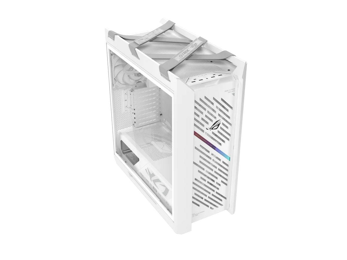 The ASUS ROG Strix Helios II White Edition is an EATX mid-tower gaming PC case featuring dual tempered glass panels and an aluminum diamond-grille design, four pre-installed fans for advanced cooling,