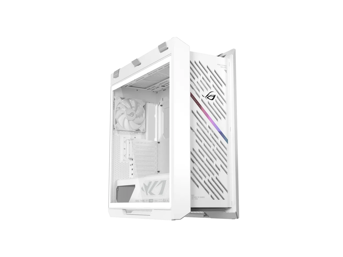 The ASUS ROG Strix Helios II White Edition is an EATX mid-tower gaming PC case featuring dual tempered glass panels and an aluminum diamond-grille design, four pre-installed fans for advanced cooling,
