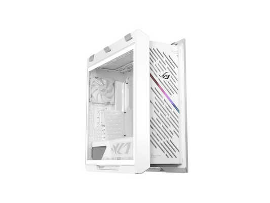 The ASUS ROG Strix Helios II White Edition is an EATX mid-tower gaming PC case featuring dual tempered glass panels and an aluminum diamond-grille design, four pre-installed fans for advanced cooling,