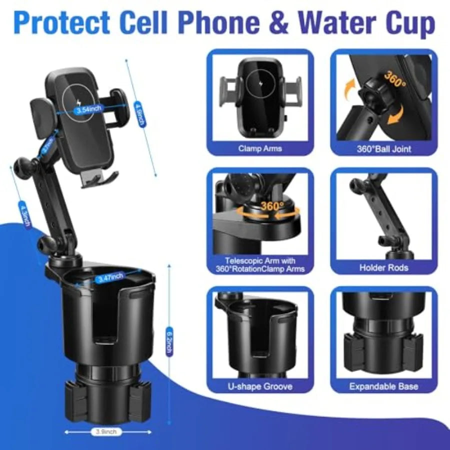 Cup Holder Phone Charger 15W Fast Charging Auto Clamping with Adjustable Base and 360 Rotation for All Smartphones in Car Cup H