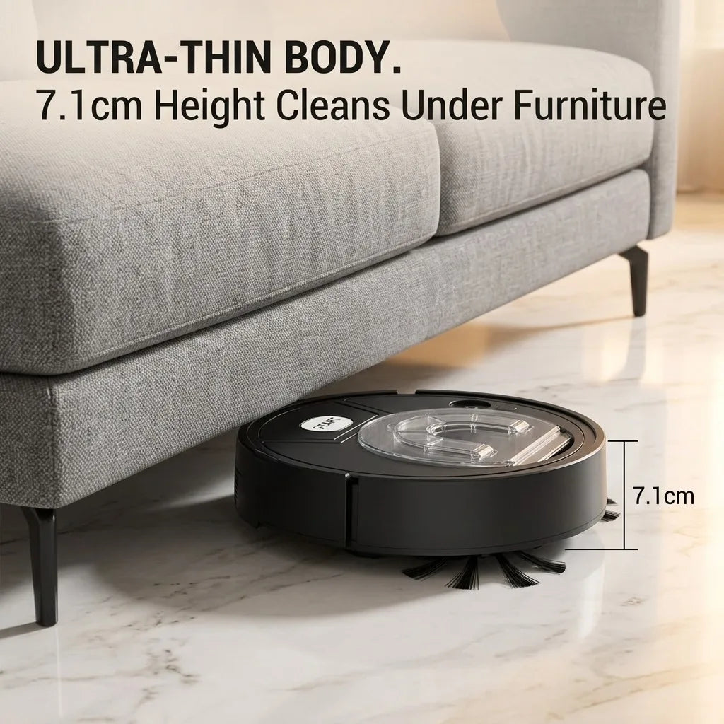 Robot Vacuum Cleaner, 3-in-1 Sweeping Mopping Suction, 7.1cm Ultra-Thin Automatic Smart Floor Cleaner, USB Rechargeable, Low Noise, Dual Side Brushes for Pet Hair, Hardwood Floors and Home Office