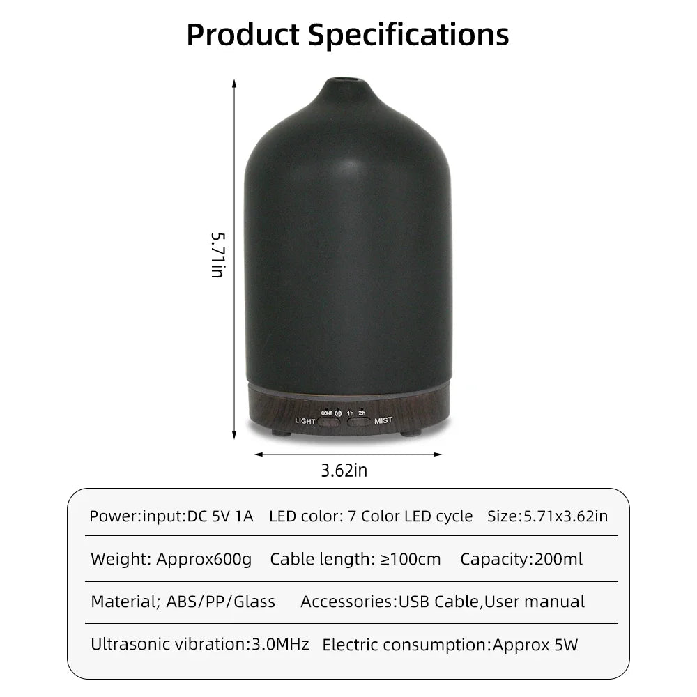 200ml Cool Mist Aroma Diffuser Humidifier 7 Color LED Lights With 3 Essential Oils Timer Function USB Portable Air Humidifier Holiday Gift for Family Men Women