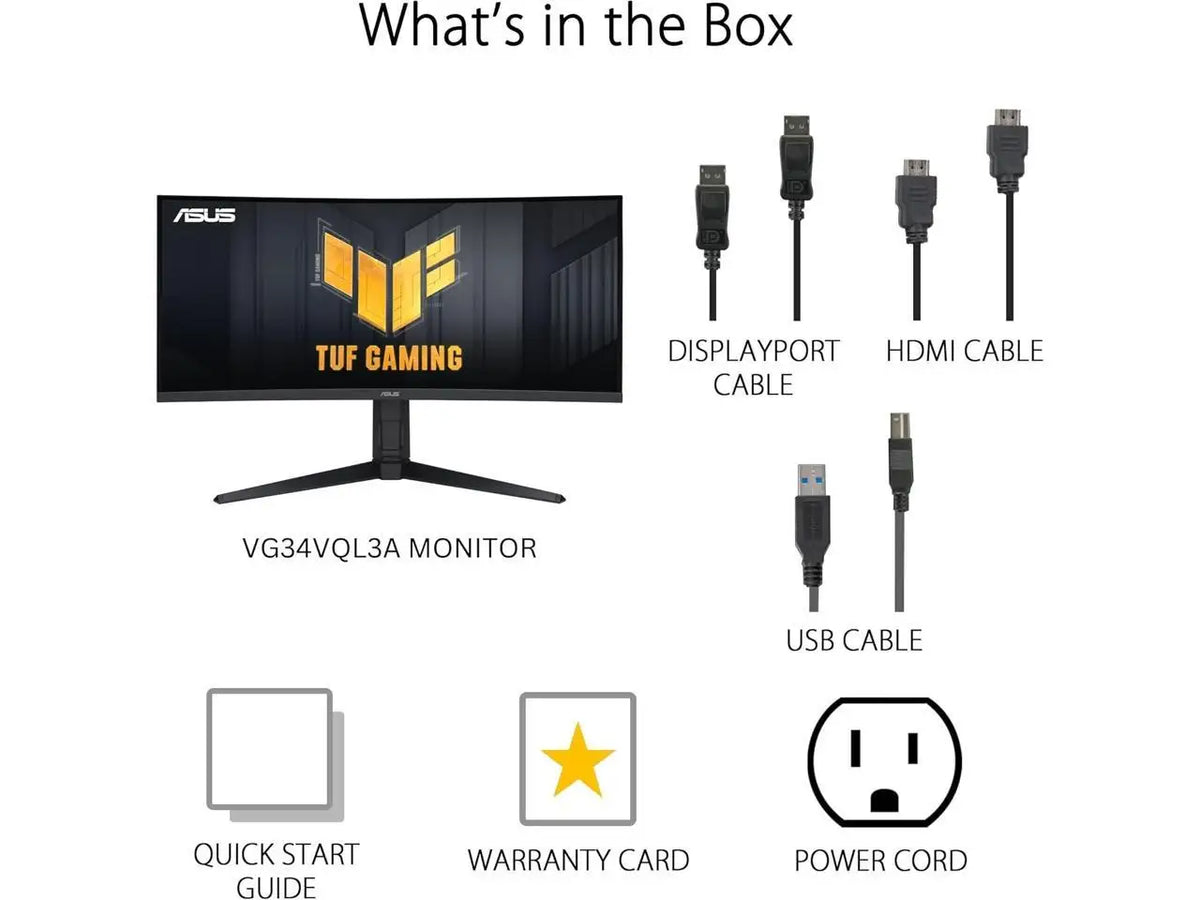 ASUS TUF Gaming 34 inch UltraWide QHD 2K 1440P 180Hz AMD FreeSync Premium Pro (Adaptive Sync) 1ms HDR400 ELMB Curved Gaming Computer Monitor with Height Adjustable, Swivel & Tilt Stand VG34VQL3A