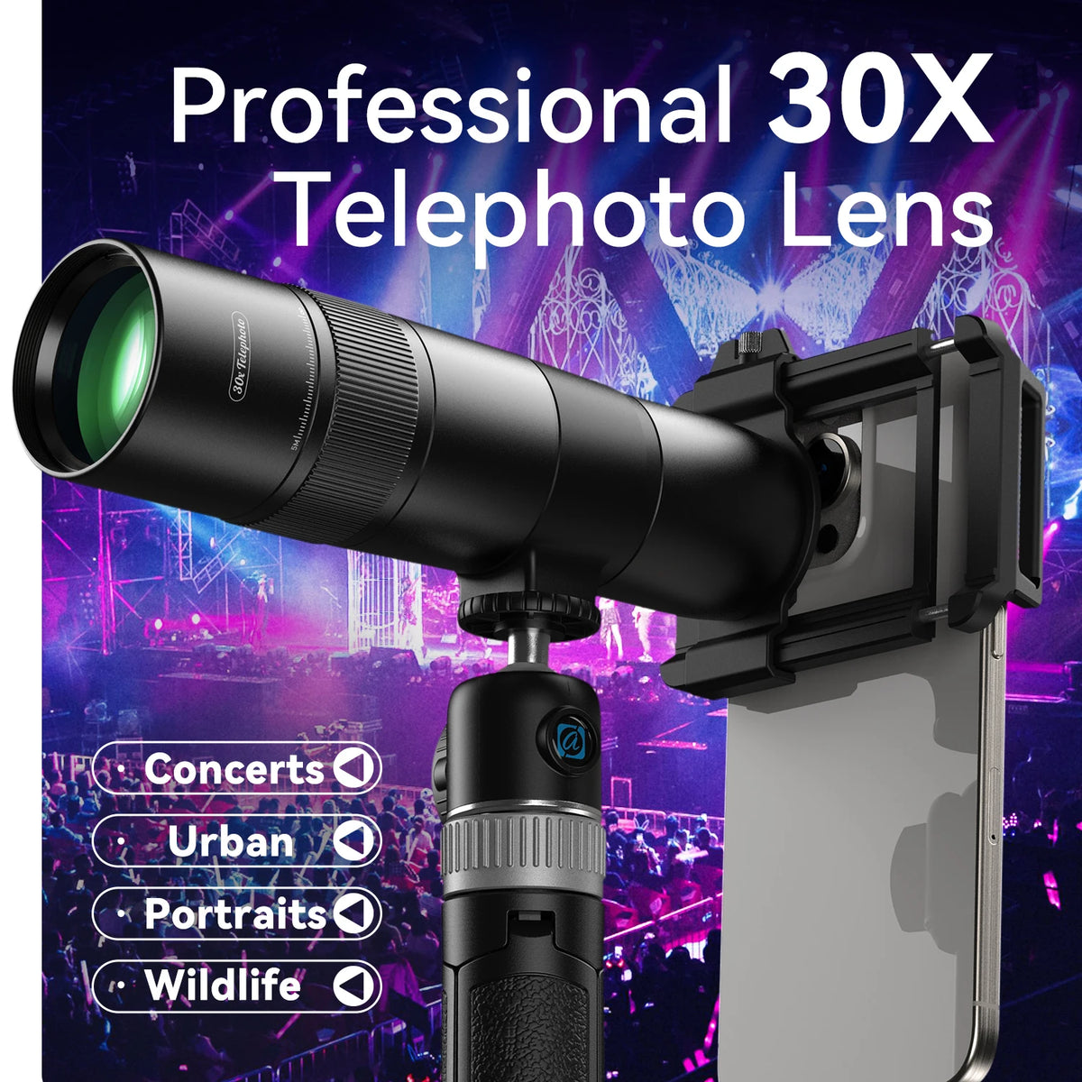 APEXEL HD 30X Telephoto Lens for iPhone, Samsung & Most Smartphones HD Telephoto Phone Lens with Adjustable Tripod and Universal Clip for Travel, Concerts, Birdwatching, Camping & Exploration