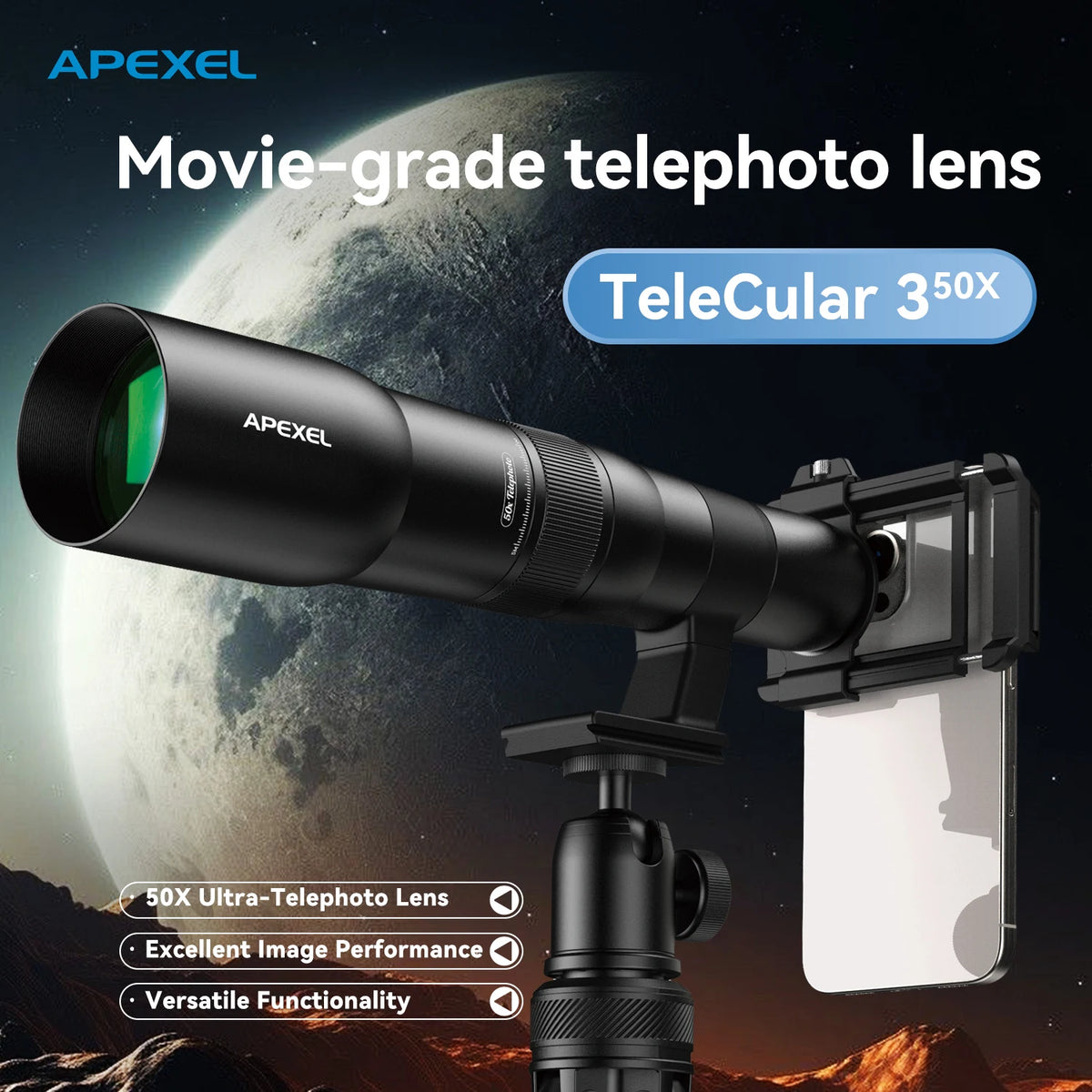 APEXEL HD 50X HD Ultra Telephoto Lens for iPhone and Most Smartphone, with Tripod & Universal Phone Clip, Suitable for Indoor and Outdoor Shooting and Watch Concert, Moon Viewing