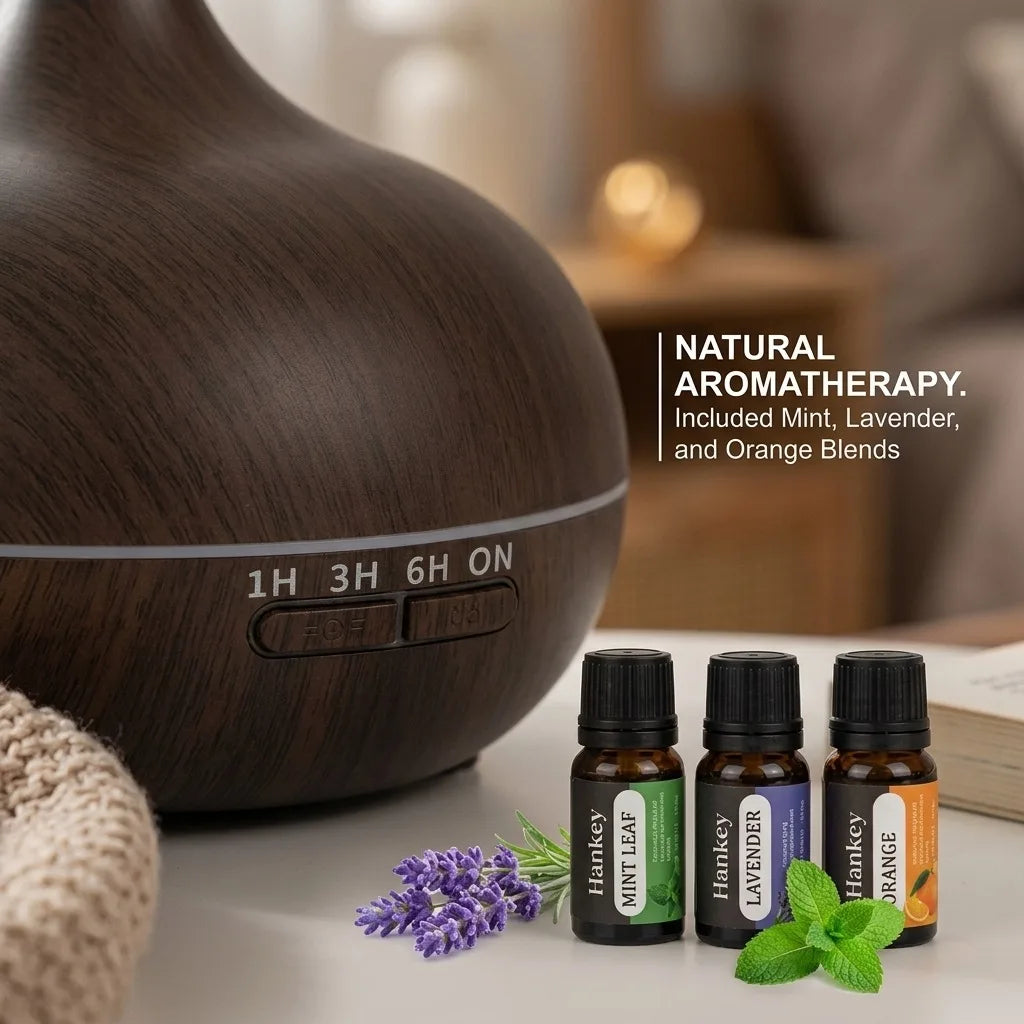 550ml sonic cooling mist humidifier with essential oil diffuser and smart sensor, automatic mode, suitable for bedrooms and offices, quiet operation, long battery life, easy top filling, 360° nozzle, night light, and pre-fil