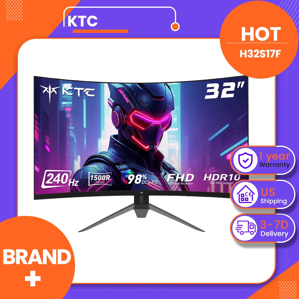 KTC H32S17F 32'' Curved Gaming Monitor, 1920*1080 HVA Panel, 240Hz Refresh Rate, 125% SRGB, 3500:1 Contrast Ratio, Adaptive Sync, HDR10, 3ms Response Time, 2*HDMI2.0 1*DP1.4 1*USB2.0 1*Audio, VESA Mount, Adjustable Tilt, Low