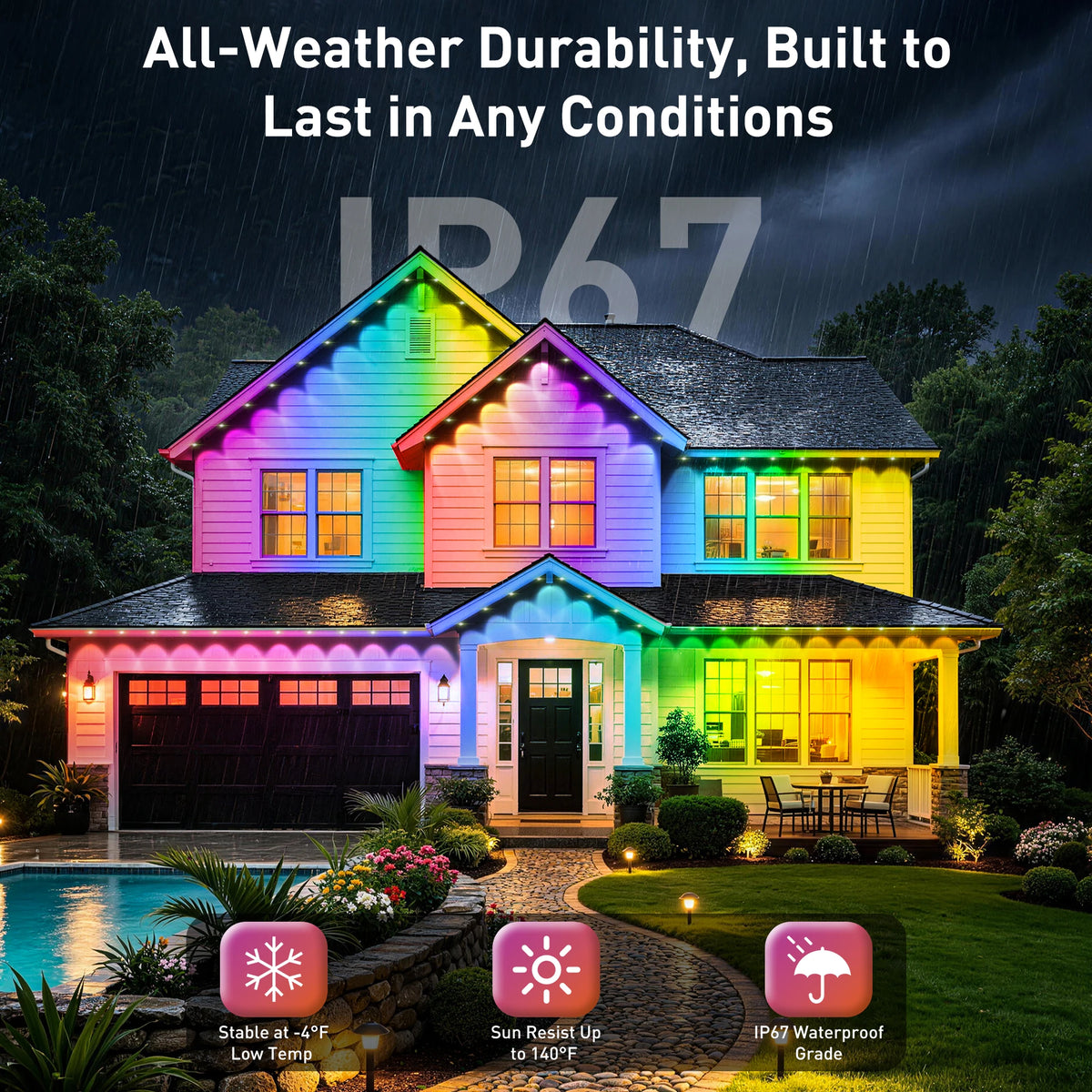 100FT Permanent RGB+IC Eave Lights, IP67 Waterproof Color Changing LED House Eave Lighting, Smart APP & Remote Control Music Sync Outdoor LED Roof Lights, Timable DIY Scene Lights for Holiday, Patio,