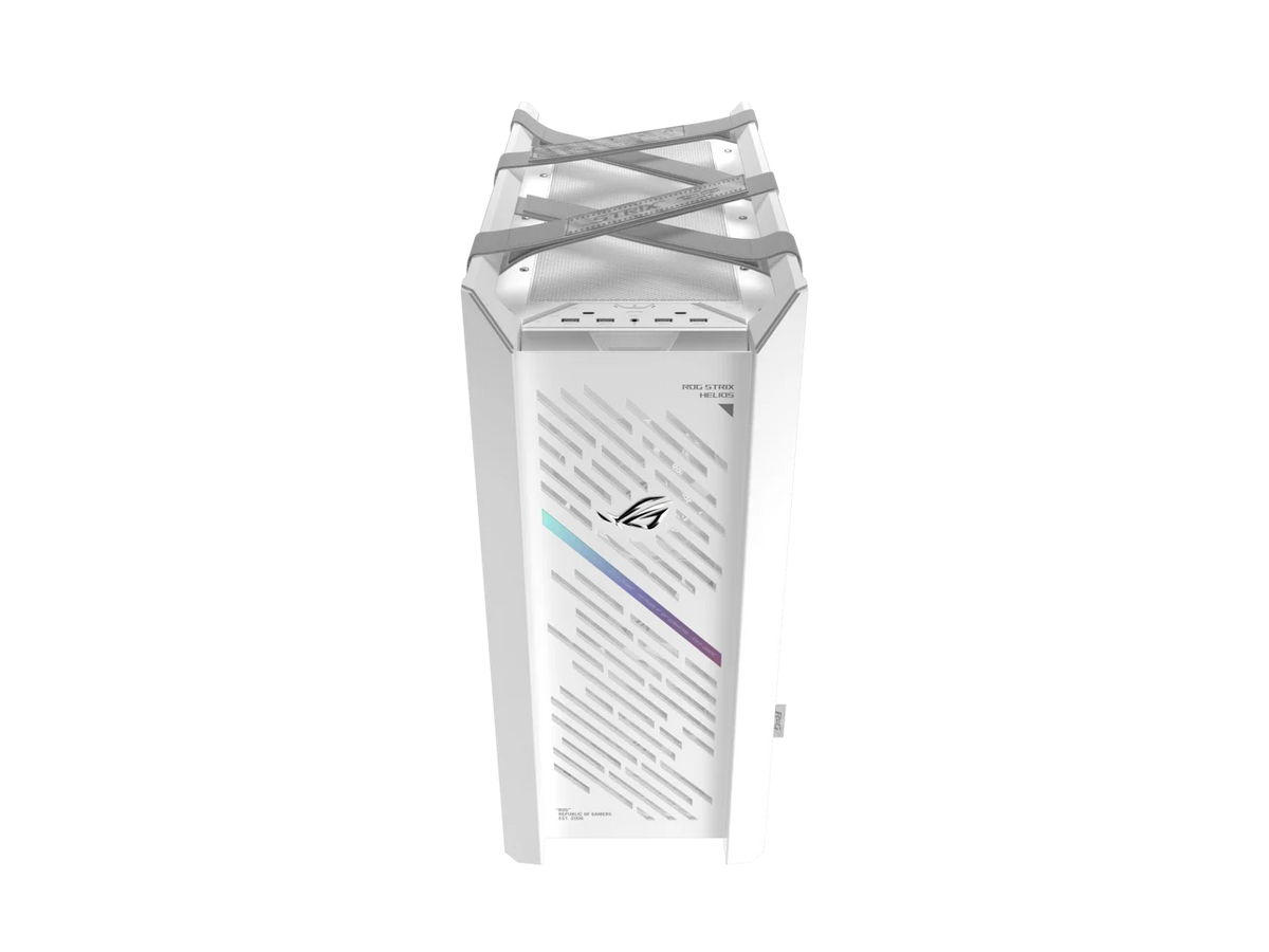 The ASUS ROG Strix Helios II White Edition is an EATX mid-tower gaming PC case featuring dual tempered glass panels and an aluminum diamond-grille design, four pre-installed fans for advanced cooling,