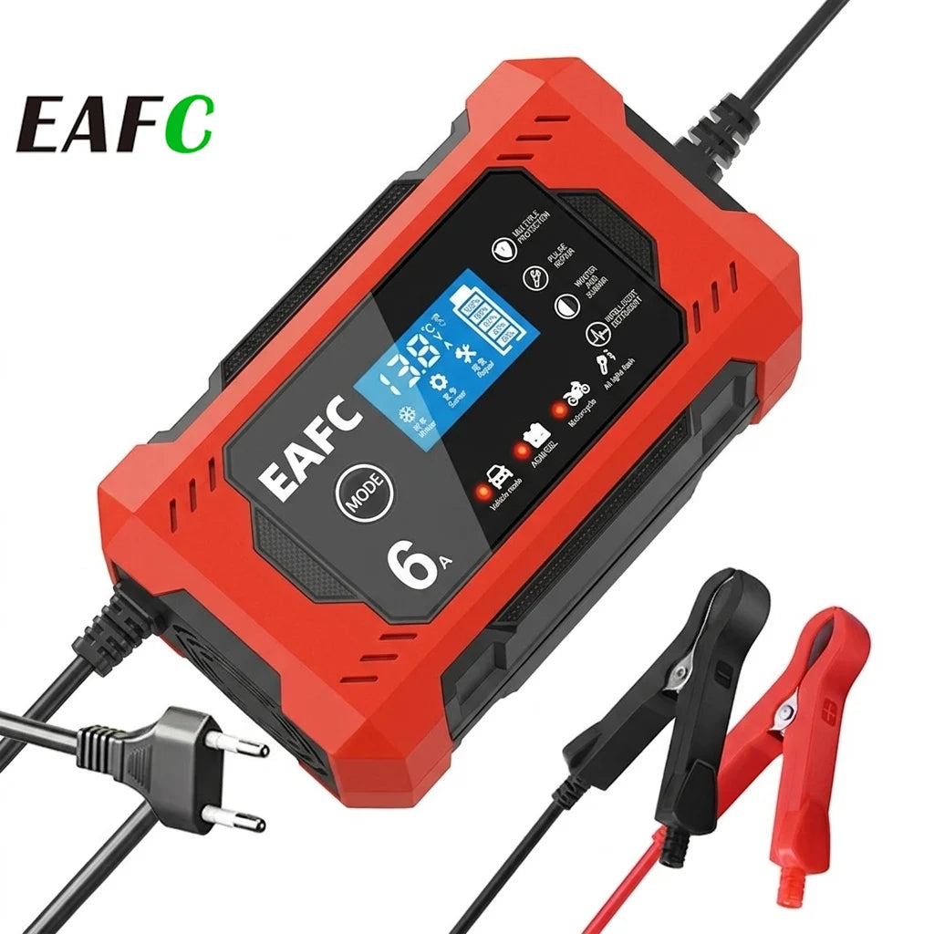 EAFC Battery Repair LCD Display 6A 12V Intelligent Car Battery Charger Car and Motorcycle Battery Charging Unit Lead-Acid