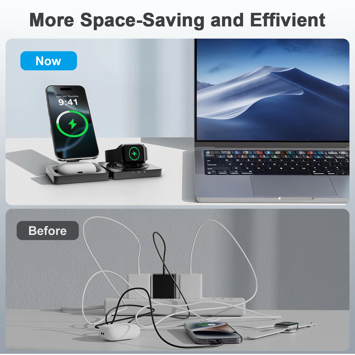 Magnetic Foldable 3-in-1 Wireless Charger for Phone Watch Earbuds