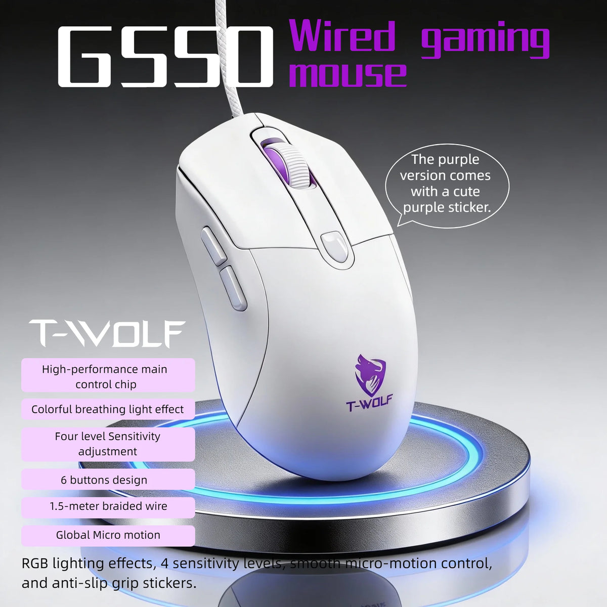 T-WOLF RGB Programmable Gaming Mouse With Six Buttons Adjustable DPI