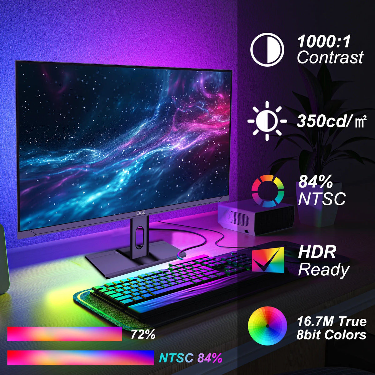 LXZ 27 Inch Gaming Monitor, 144Hz UHD 4K 3840x2160P PC Screen, True 4K Clarity, 4x More Pixels Than FHD Computer Screen with FreeSync, Support Wallmount 75x75mm, Gift, Christmas Gift, for Gamers, Esports Display, Modern Displ