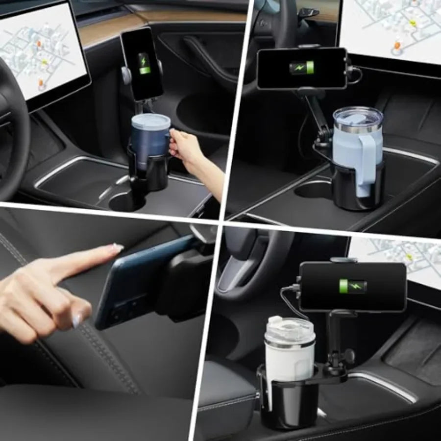 Cup Holder Phone Charger 15W Fast Charging Auto Clamping with Adjustable Base and 360 Rotation for All Smartphones in Car Cup H
