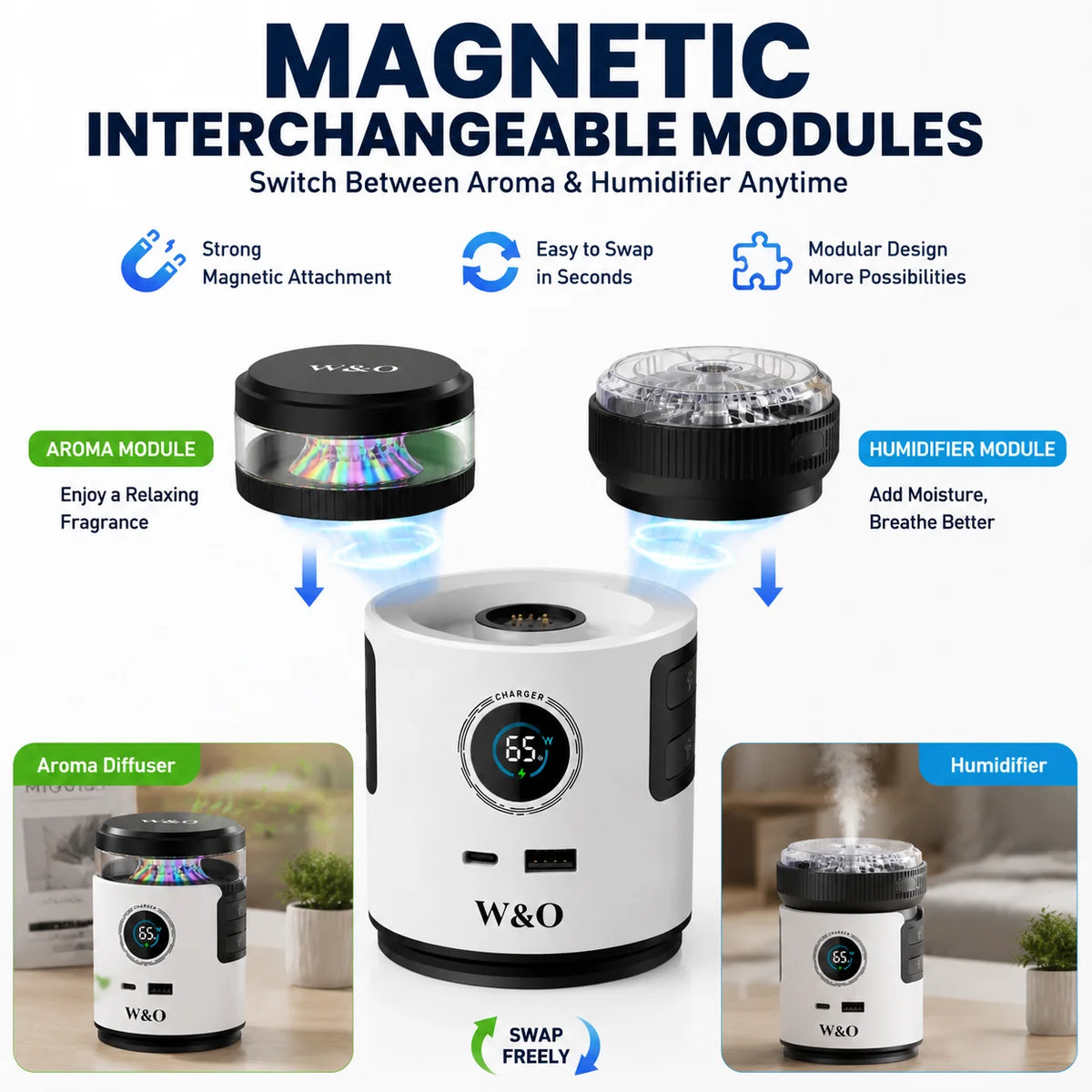 2026 New 3-in-1 65W GaN Fast Charging Station with Aromatherapy Diffuser & Humidifier, Retractable USB-C & Lightning Cables, Multi-Port Desktop Charger for Home & Office