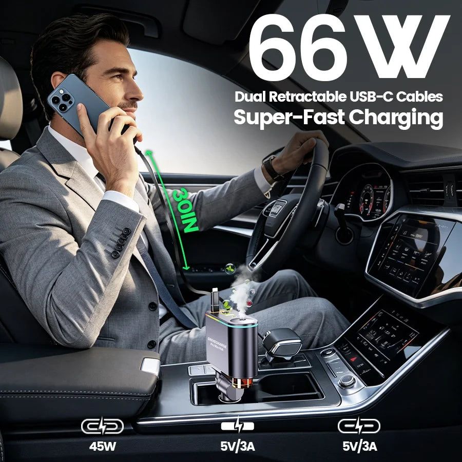 5-in-1 Retractable Car Charger USB C Fast Charge, 66W Car Phone Charger with Dual Retractable Cables, Smart Air Freshener Diffuser for iPhone、Samsung