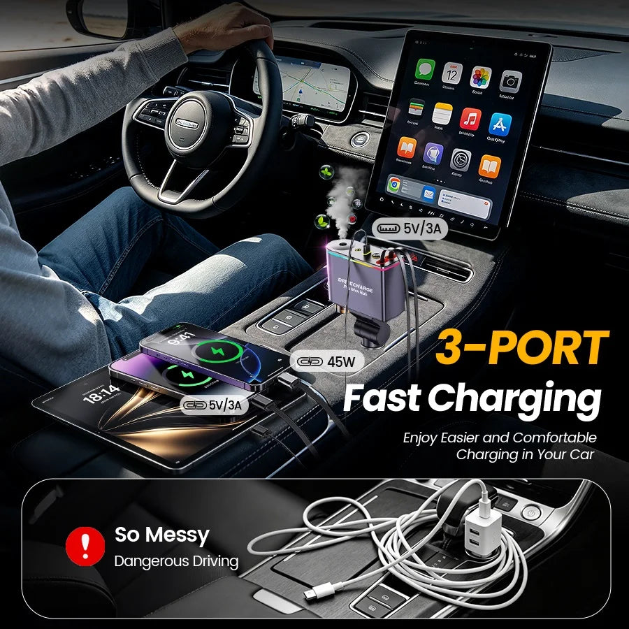 Multi Retractable Car Charger USB C, 5 in 1 66W Fast Car Charger with Dual Retractable Cables, Air Freshener Diffuser & Starry Sky Lights, USB-C Car Adapter for iPhone 17/16/15/14