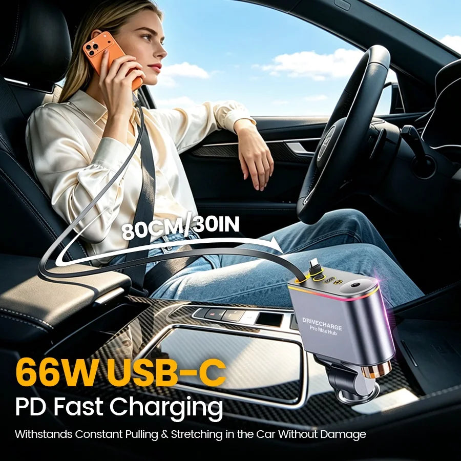 Multi Retractable Car Charger USB C, 5 in 1 66W Fast Car Charger with Dual Retractable Cables, Air Freshener Diffuser & Starry Sky Lights, USB-C Car Adapter for iPhone 17/16/15/14