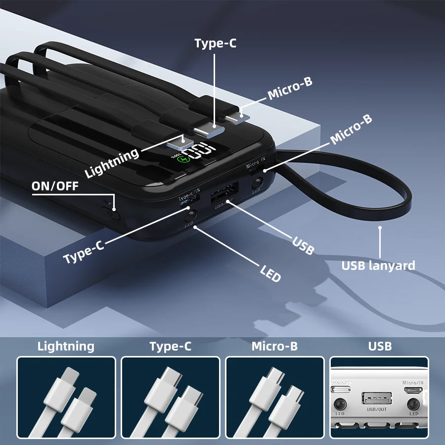 Portable Power Bank With Built In Cables And Wireless Charging
